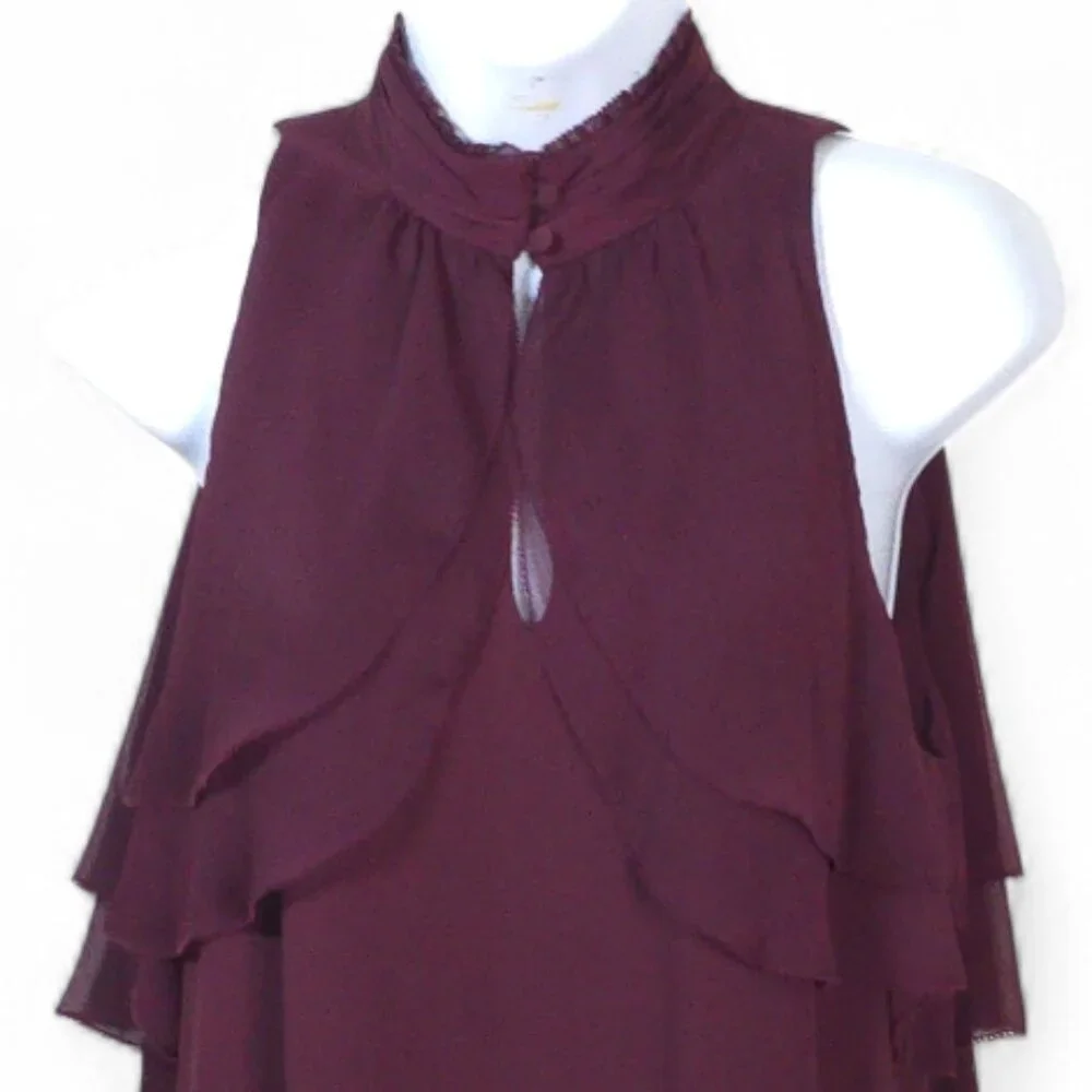 WHBM Burgundy Layered Chiffon Blouse Size 6 Sleeveless Keyhole Ruffle Top